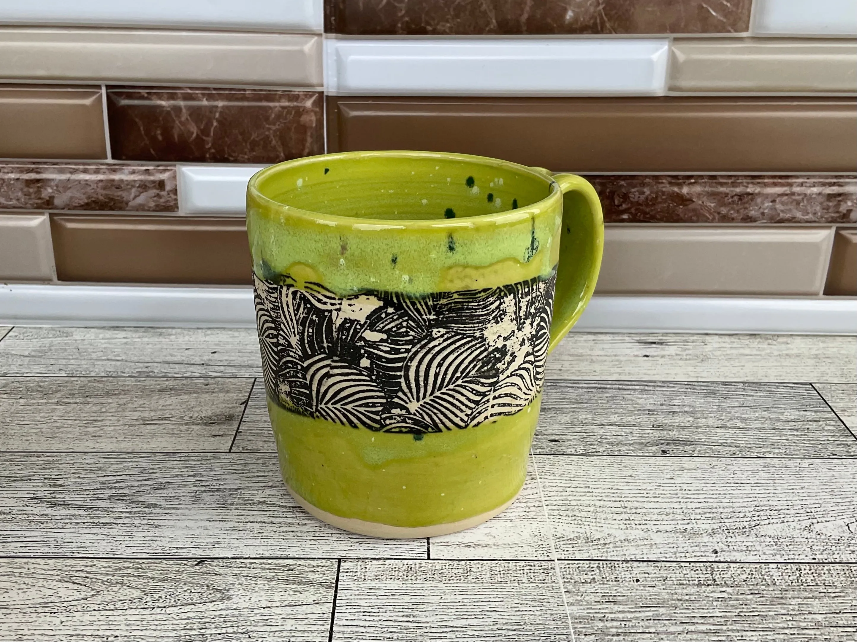 12 oz Lime Shower Monstera Flower Ceramic Mug