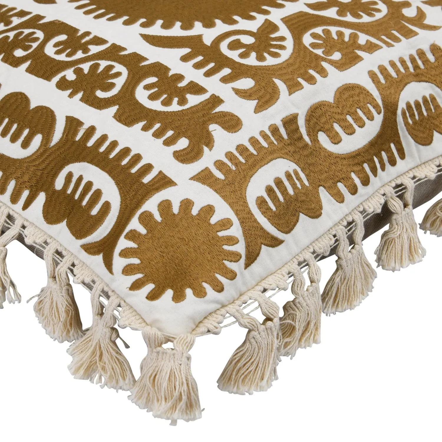20" Cotton Pillow w/ Embroidery, Chambray Back & Tassels, Polyester Fill
