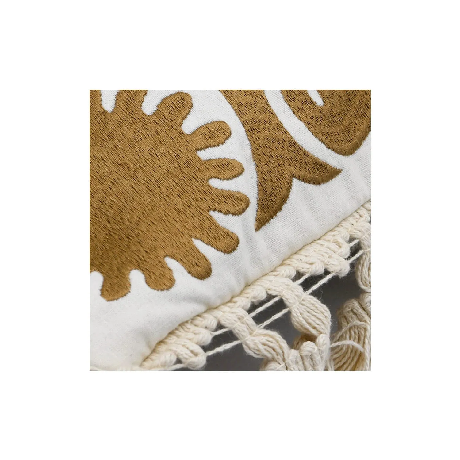 20" Cotton Pillow w/ Embroidery, Chambray Back & Tassels, Polyester Fill