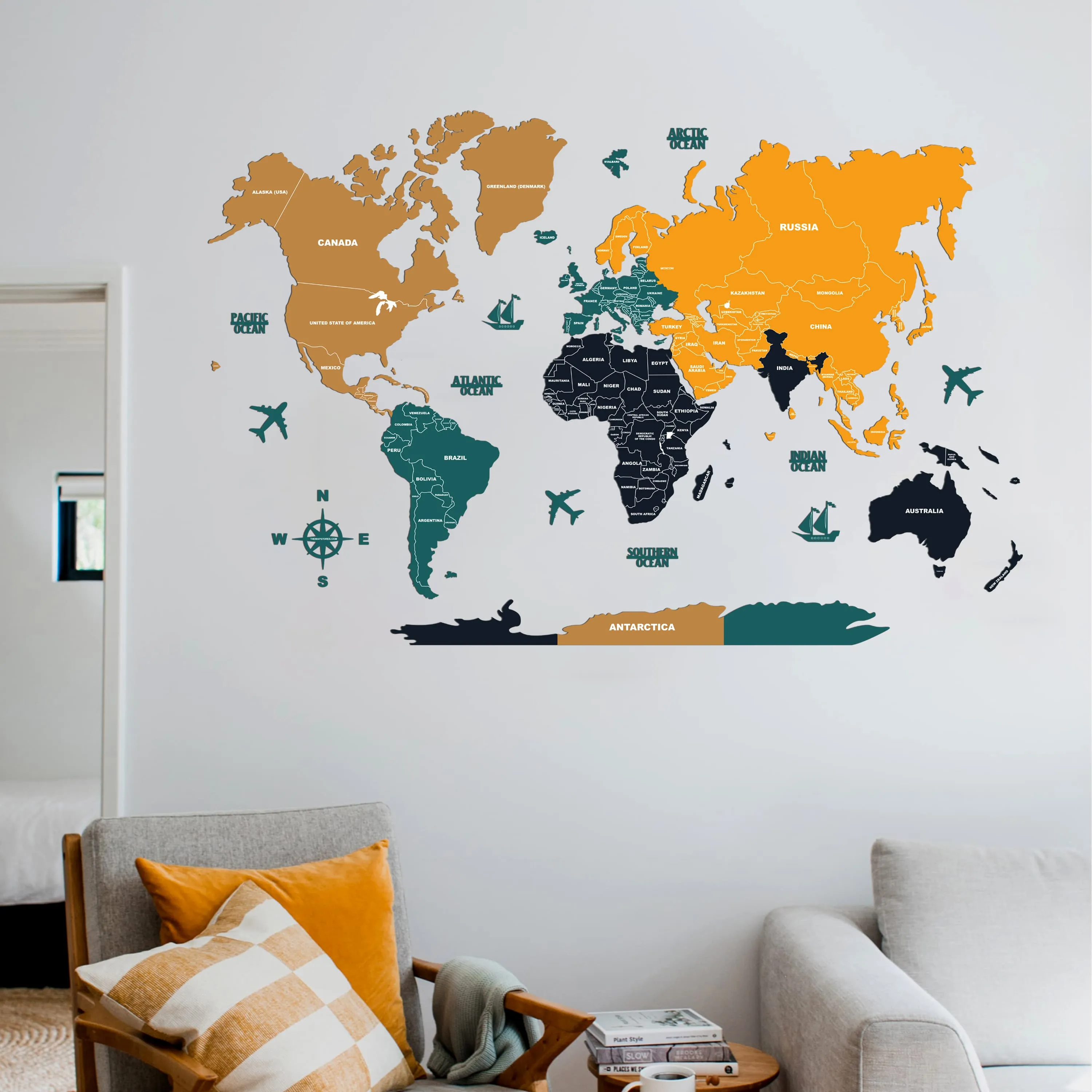 2D Sepia and Amber Wooden World Map