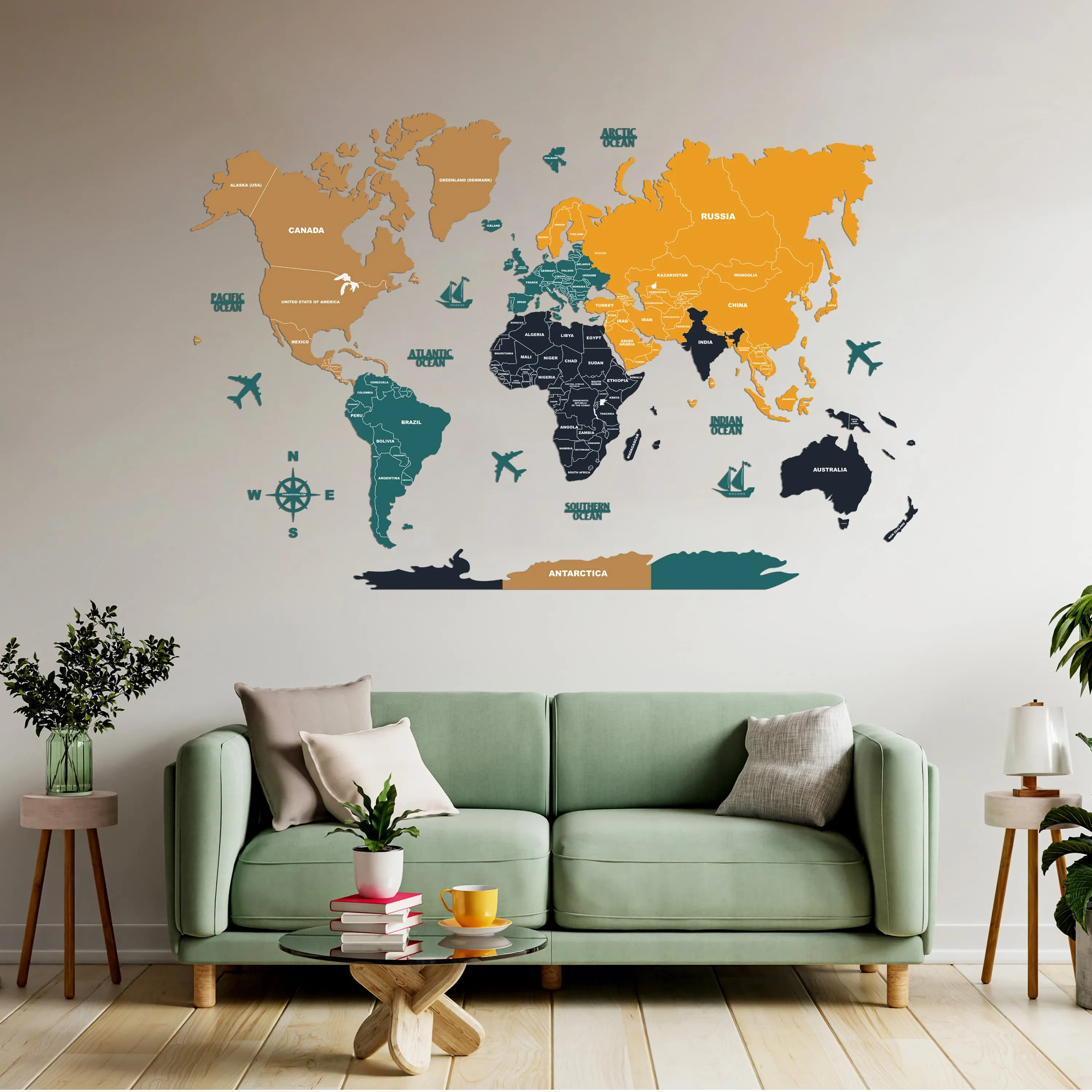 2D Sepia and Amber Wooden World Map