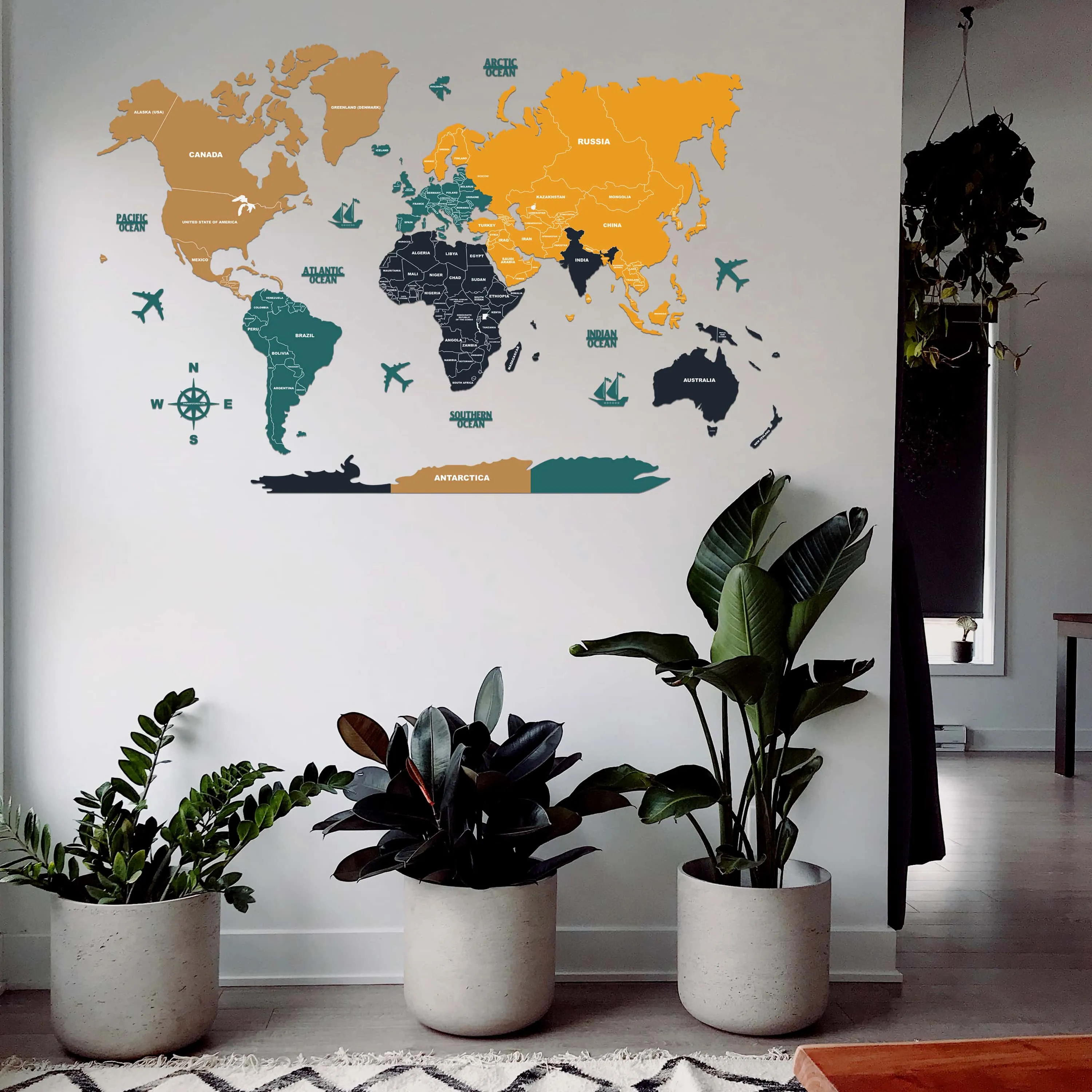 2D Sepia and Amber Wooden World Map