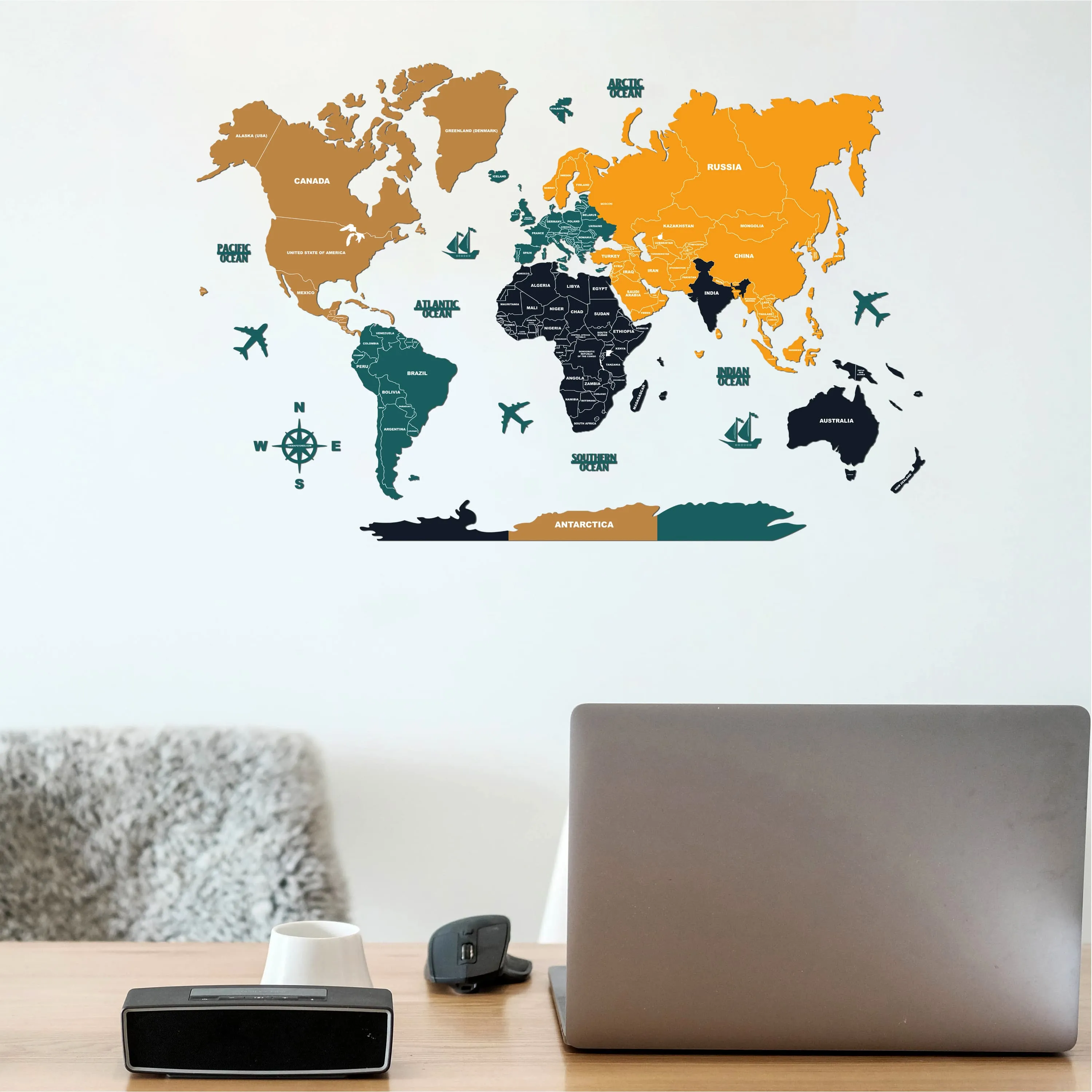 2D Sepia and Amber Wooden World Map
