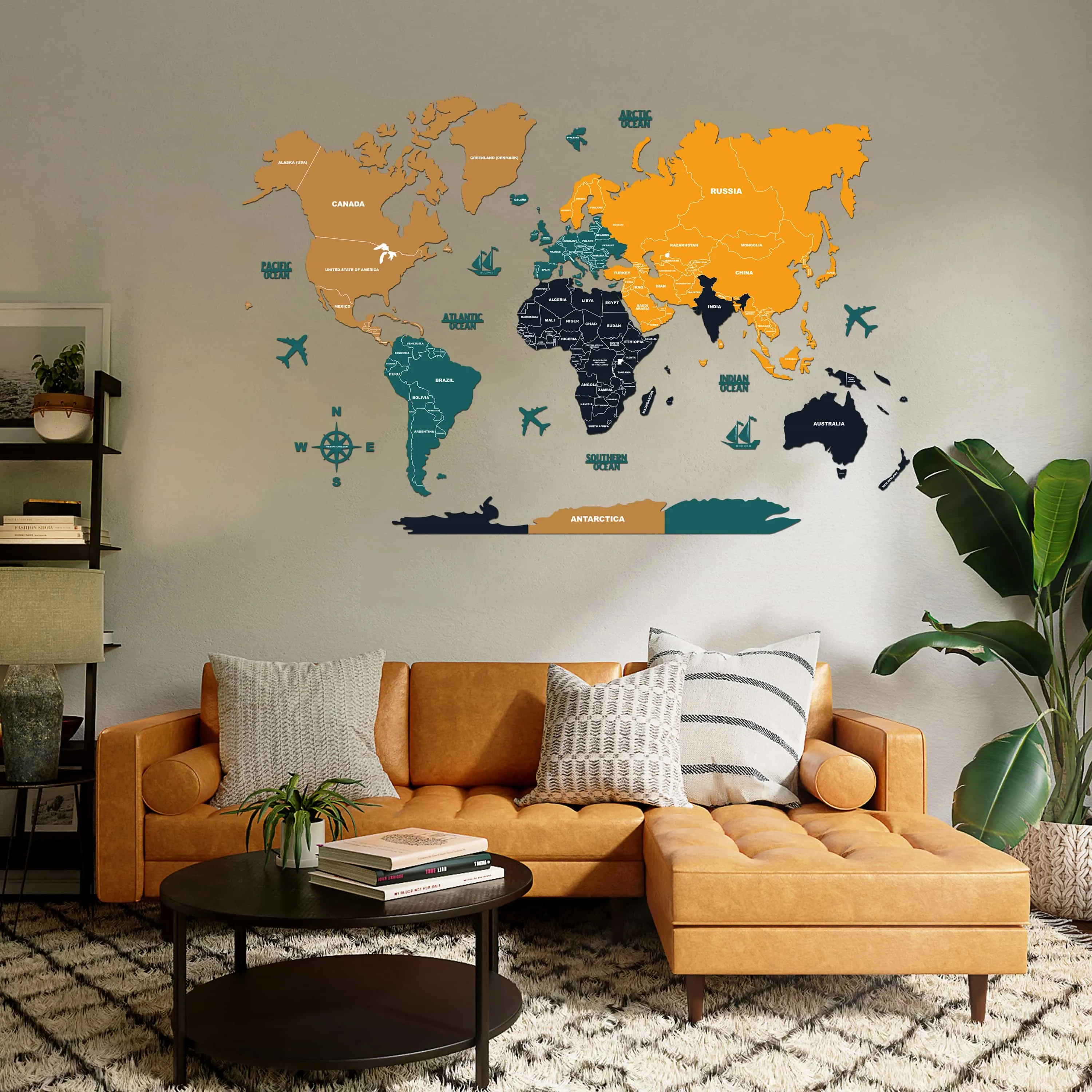 2D Sepia and Amber Wooden World Map