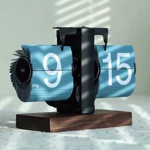 3NH® Flip Desk Clock, Vintage Design Auto Flip Clock, Internal Gear Operated, Classic Mechanical, with Wooden Base, for Home & Office Decoration, Gift for Family and Friends