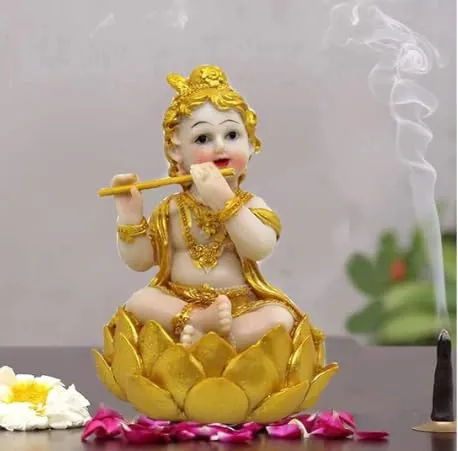 ACTONE Craft Baby Lotus Krishna Makhan Chor Murti Statue Idol for Home Pooja Gifted Piece Showpiece Special for janmashtami (13 cm Height) (Resin, Golden & White)