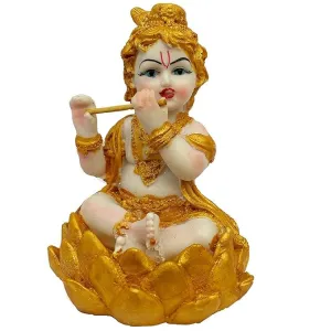 ACTONE Craft Baby Lotus Krishna Makhan Chor Murti Statue Idol for Home Pooja Gifted Piece Showpiece Special for janmashtami (13 cm Height) (Resin, Golden & White)