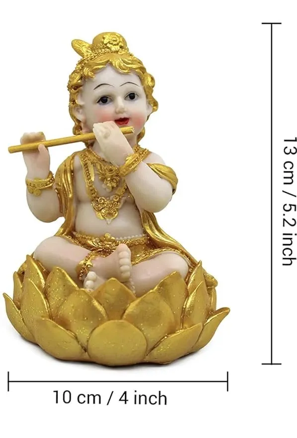 ACTONE Craft Baby Lotus Krishna Makhan Chor Murti Statue Idol for Home Pooja Gifted Piece Showpiece Special for janmashtami (13 cm Height) (Resin, Golden & White)