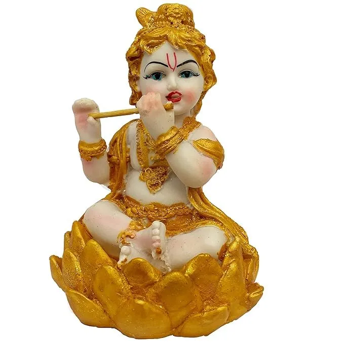 ACTONE Craft Baby Lotus Krishna Makhan Chor Murti Statue Idol for Home Pooja Gifted Piece Showpiece Special for janmashtami (13 cm Height) (Resin, Golden & White)