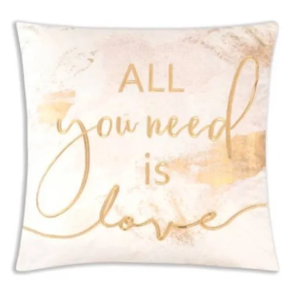 All You Need Is Love, Embellished Ivory Velvet with Gold Word Throw Pillow