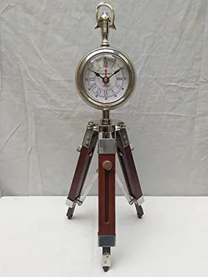 Antique Stylish Roman Clock Nautical Tripod Table Stand Clock Steel Finish Antique Vintage Handmade with Wooden Tripod Stand Antique Stayle Studio Living Room Home Decor and Ofiices