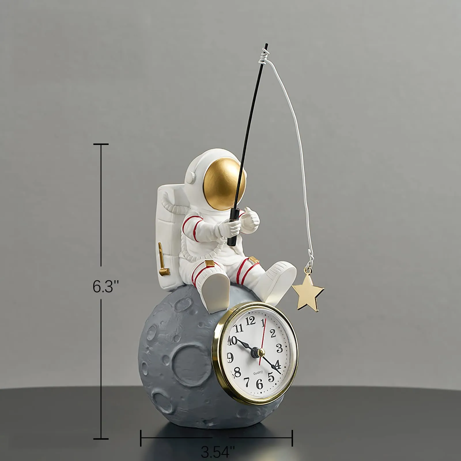 Astronaut Figure Clock for Desktop & Shelf, Battery Operated, Astronaut & Planet Figurine Statue for Office & Kids' Outer Space Themed Bedroom Decor, Decorative Small Table Clock, Fishing Star