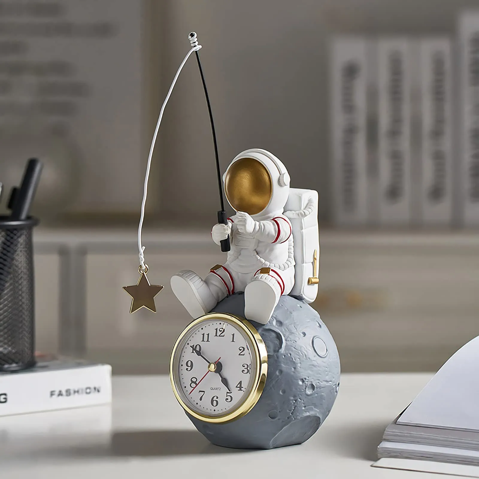 Astronaut Figure Clock for Desktop & Shelf, Battery Operated, Astronaut & Planet Figurine Statue for Office & Kids' Outer Space Themed Bedroom Decor, Decorative Small Table Clock, Fishing Star