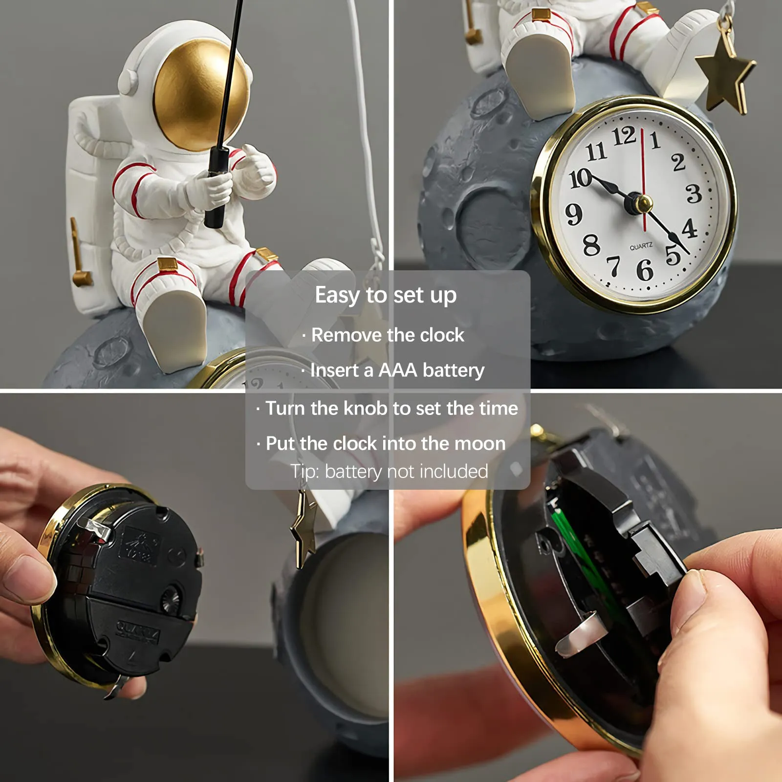 Astronaut Figure Clock for Desktop & Shelf, Battery Operated, Astronaut & Planet Figurine Statue for Office & Kids' Outer Space Themed Bedroom Decor, Decorative Small Table Clock, Fishing Star