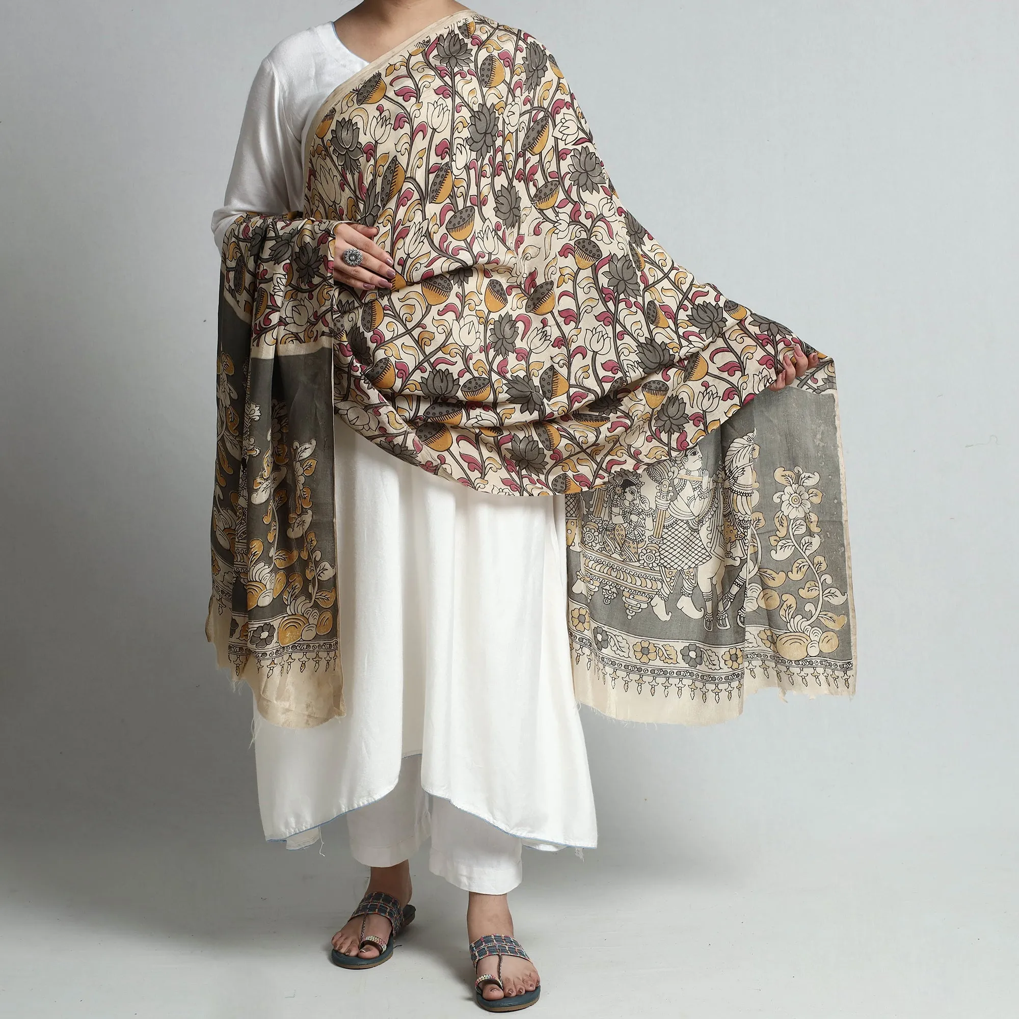 Beige - Kalamkari Printed Silk Cotton Dupatta