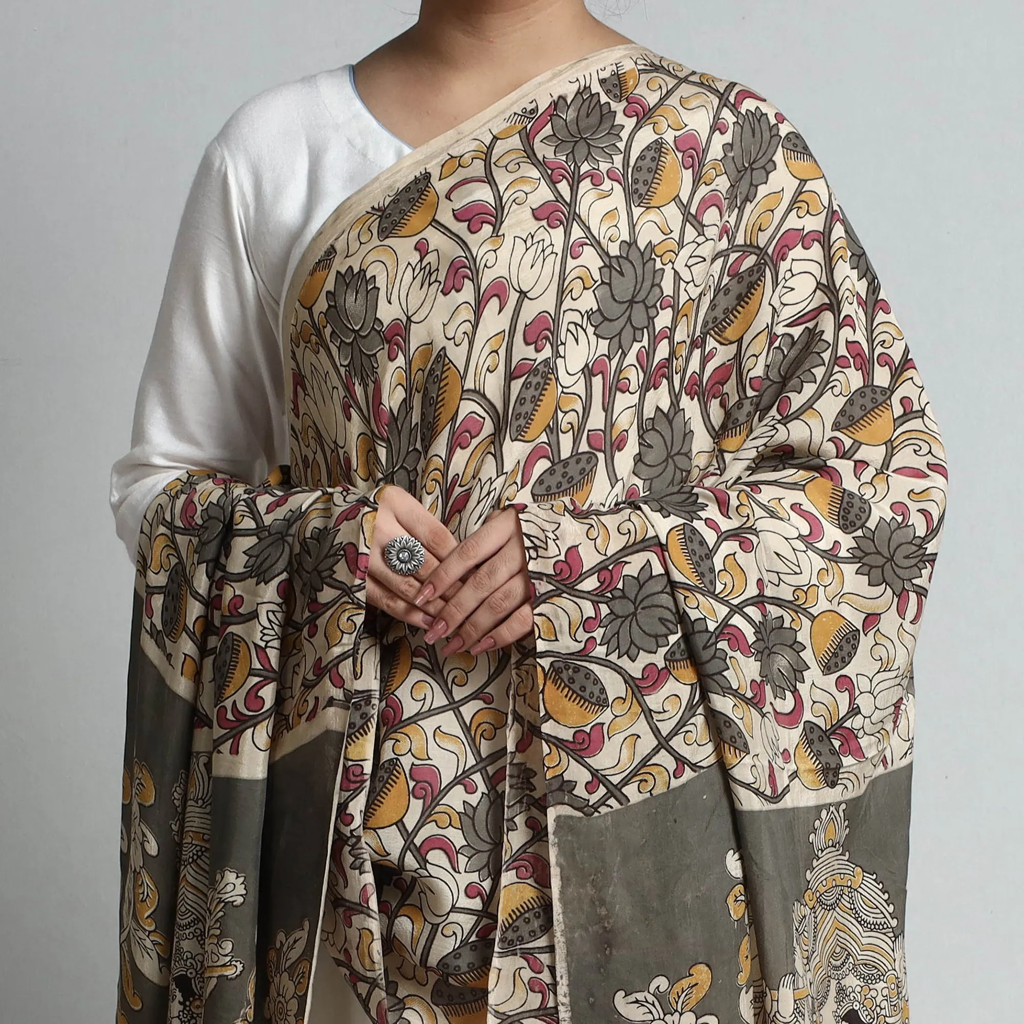Beige - Kalamkari Printed Silk Cotton Dupatta