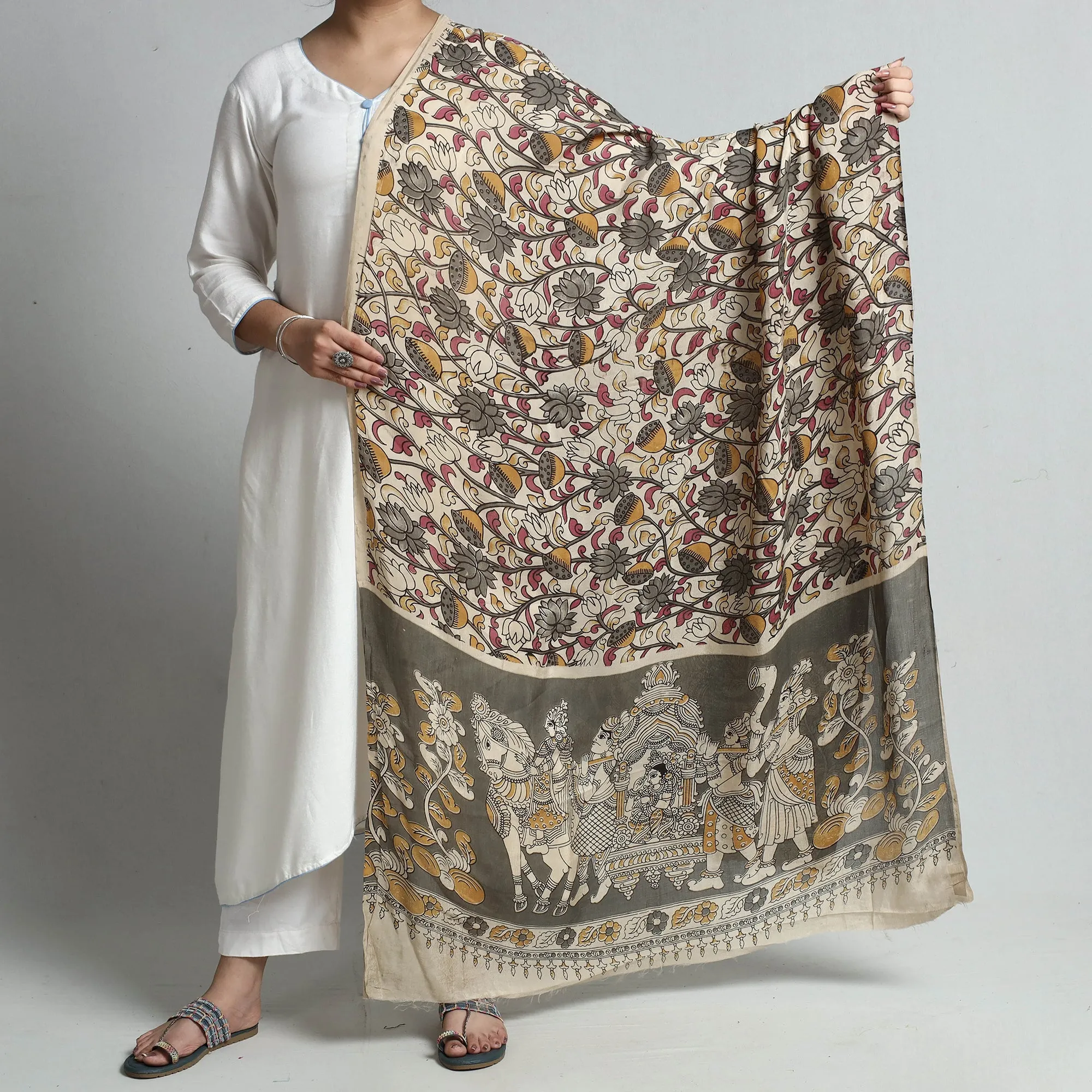 Beige - Kalamkari Printed Silk Cotton Dupatta