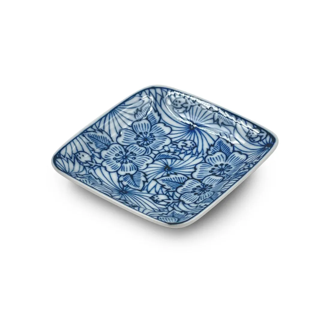 Blue Sakura Motif Soy Sauce Dish 3.5" x 3.5"