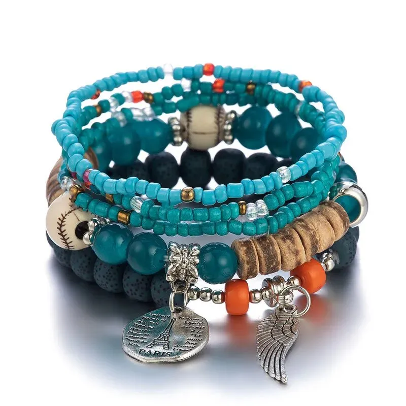 Bohemian Handmade Crystal Beaded Multi Colour Bracelet with Charm