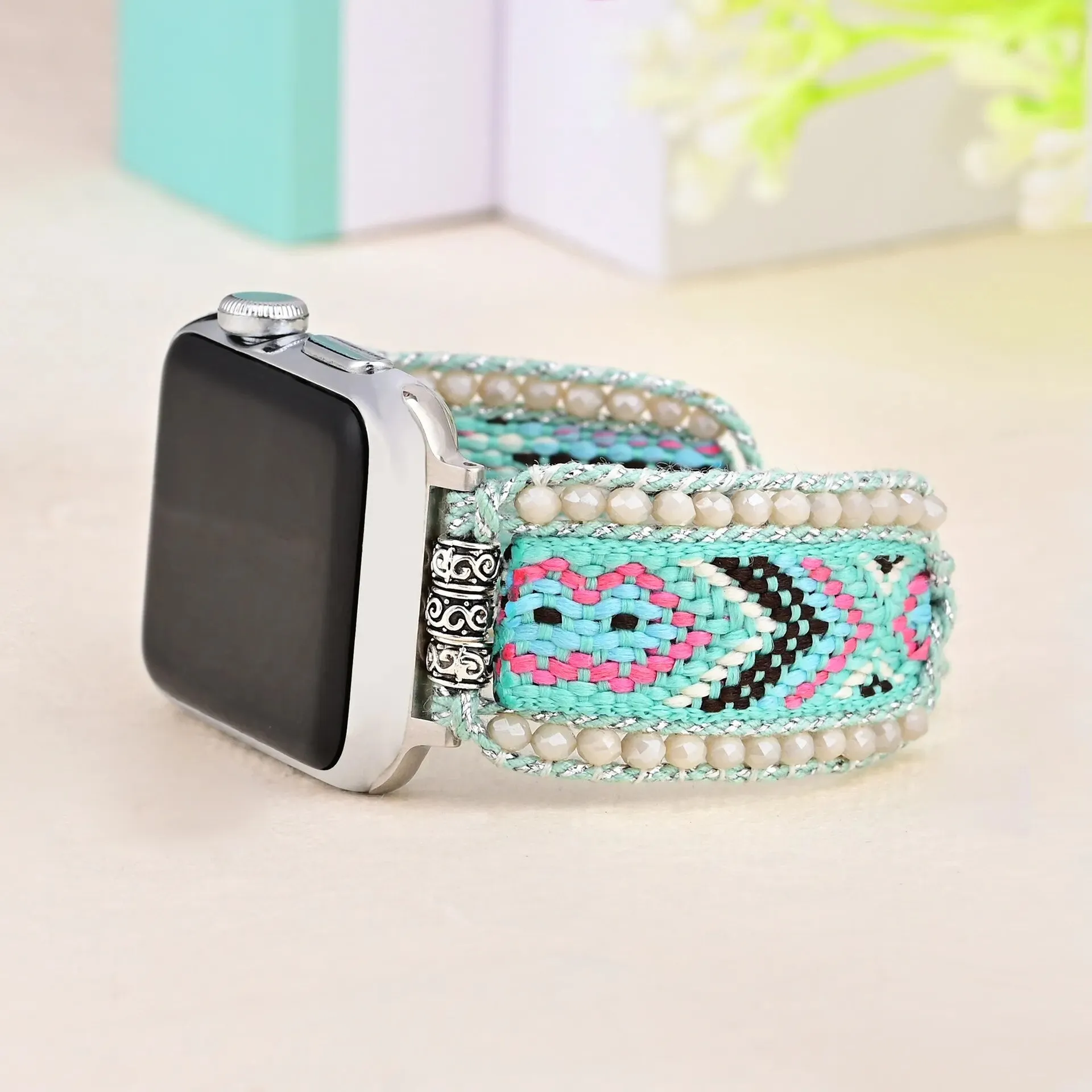 Bohemian Nylon Beaded Strap For iOS Watch Elastic Bracelet