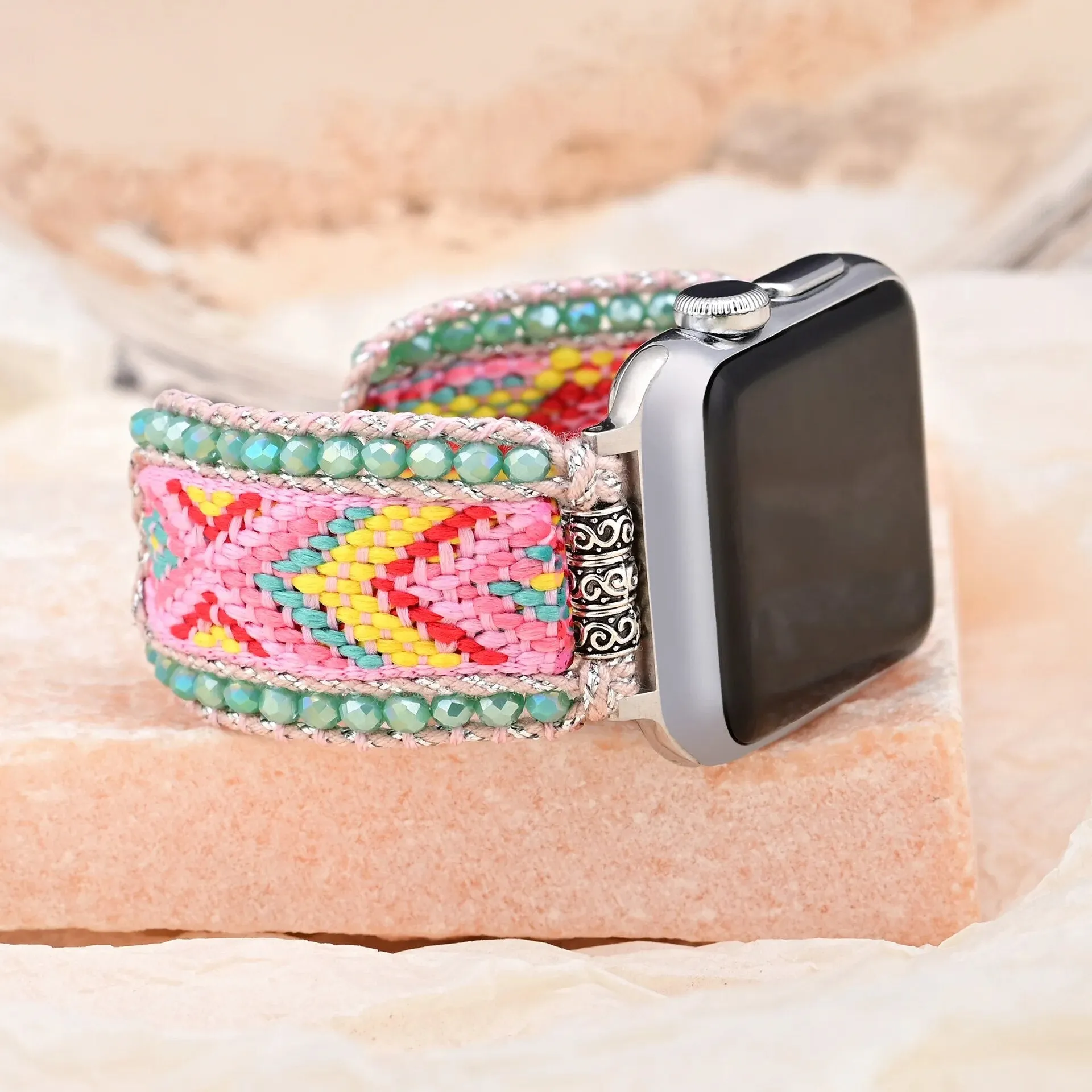 Bohemian Nylon Beaded Strap For iOS Watch Elastic Bracelet