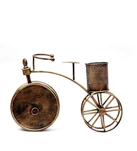 Desk Clock with Pencil Holder, Metal Construction, Bicycle Theme, Bronze Finish