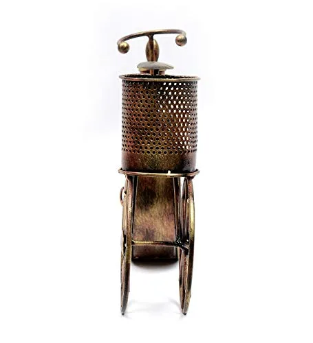 Desk Clock with Pencil Holder, Metal Construction, Bicycle Theme, Bronze Finish