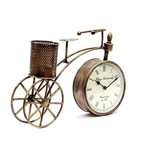 Desk Clock with Pencil Holder, Metal Construction, Bicycle Theme, Bronze Finish
