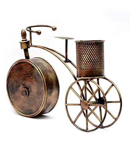 Desk Clock with Pencil Holder, Metal Construction, Bicycle Theme, Bronze Finish
