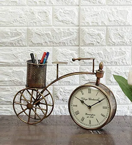 Desk Clock with Pencil Holder, Metal Construction, Bicycle Theme, Bronze Finish