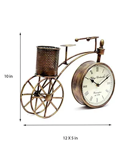 Desk Clock with Pencil Holder, Metal Construction, Bicycle Theme, Bronze Finish