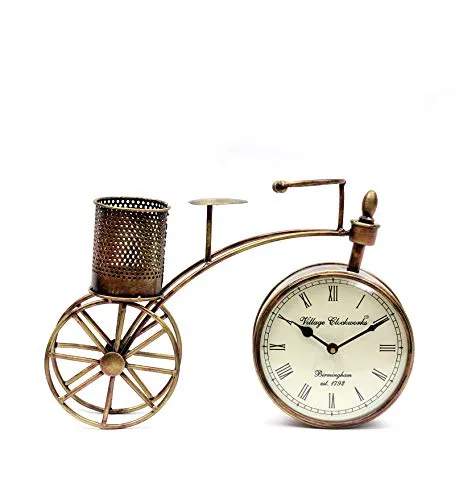Desk Clock with Pencil Holder, Metal Construction, Bicycle Theme, Bronze Finish