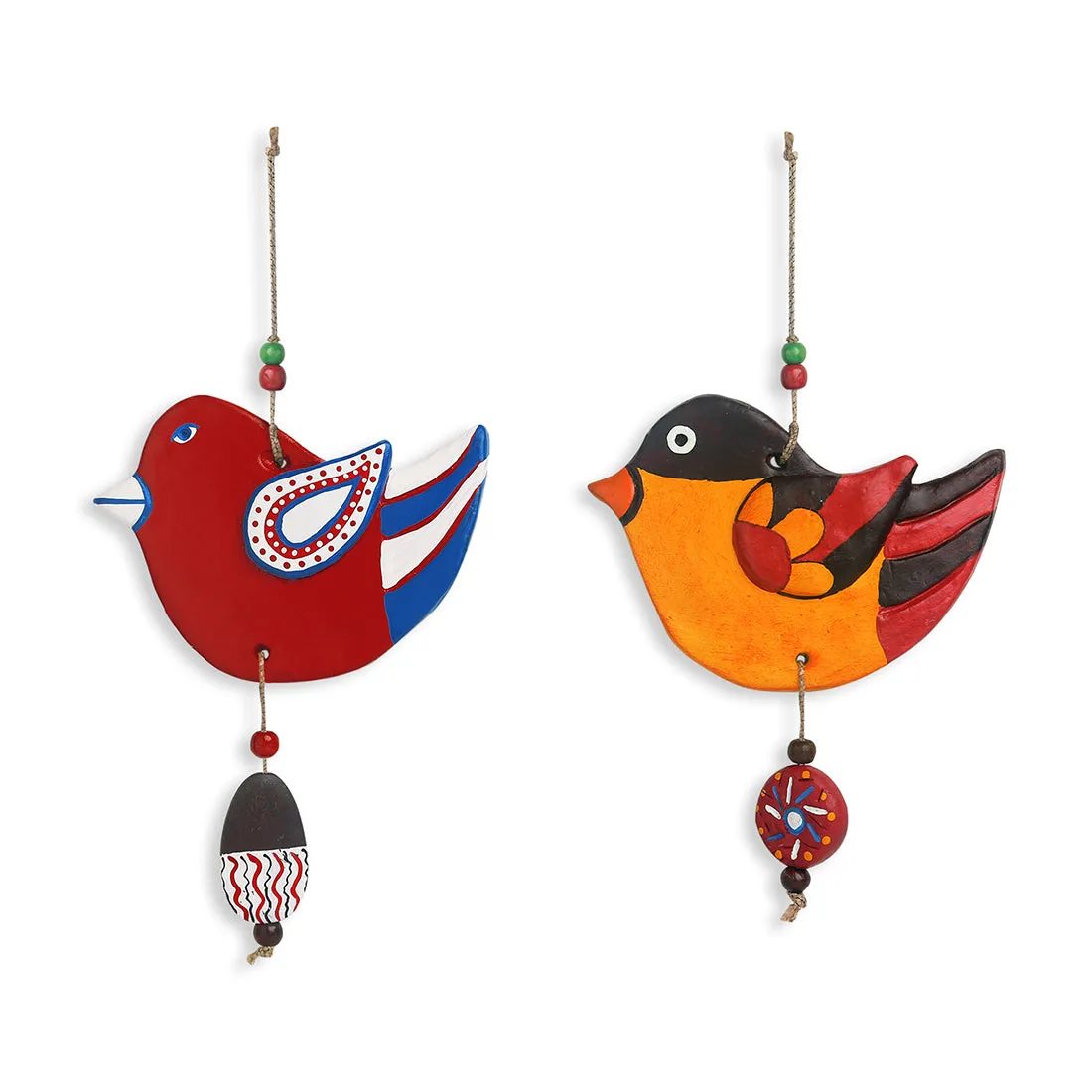 'Feathered Sparrows' Handmade & Hand-painted Garden Decorative Wall Hanging In Terracotta (Set of 2)