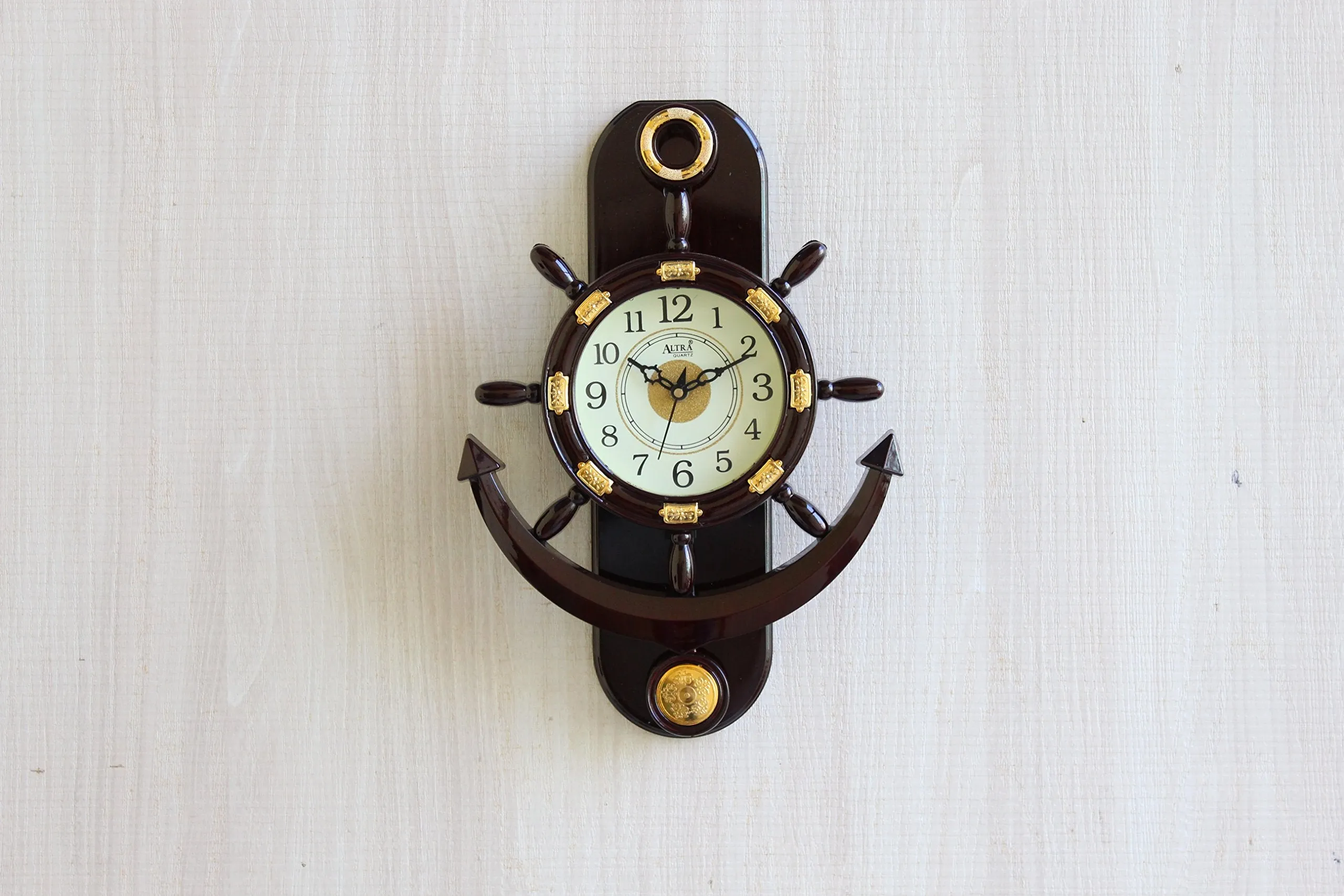 FunkyTradition Decorative Retro Anchor Ship Steering Shape Plastic Pendulum Wall Clock for Home Office Decor and Gifts 40 cm Tall