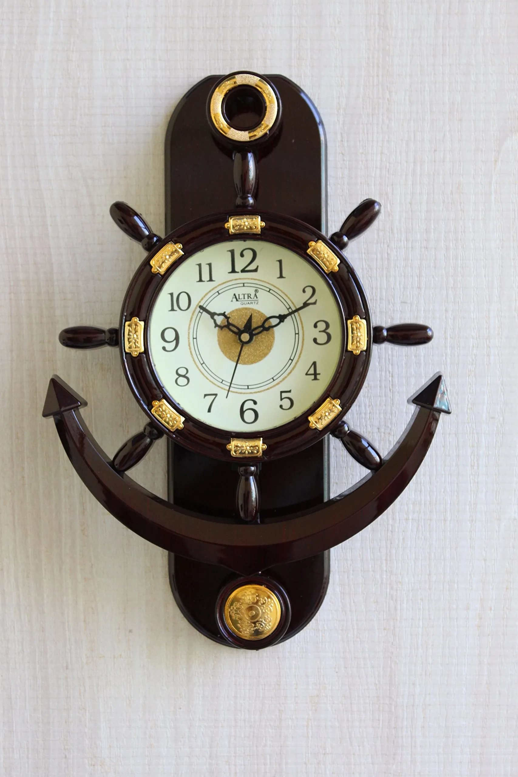 FunkyTradition Decorative Retro Anchor Ship Steering Shape Plastic Pendulum Wall Clock for Home Office Decor and Gifts 40 cm Tall