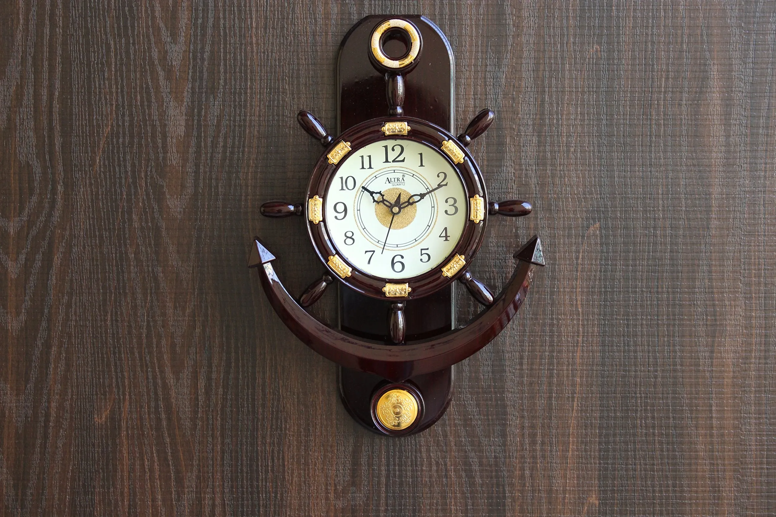 FunkyTradition Decorative Retro Anchor Ship Steering Shape Plastic Pendulum Wall Clock for Home Office Decor and Gifts 40 cm Tall
