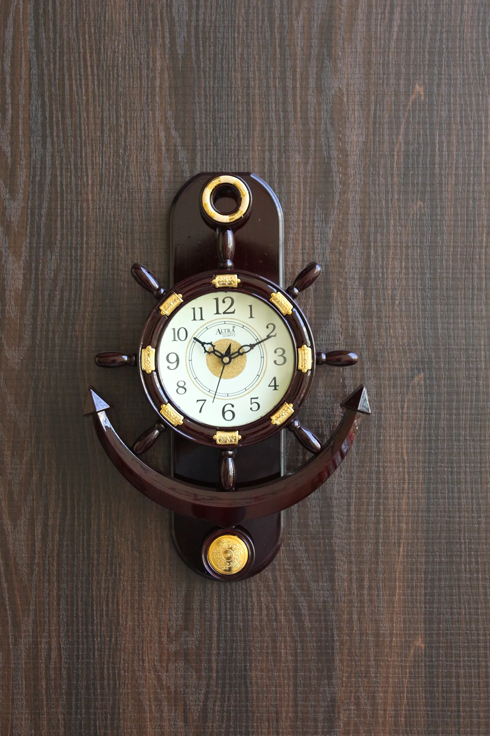 FunkyTradition Decorative Retro Anchor Ship Steering Shape Plastic Pendulum Wall Clock for Home Office Decor and Gifts 40 cm Tall