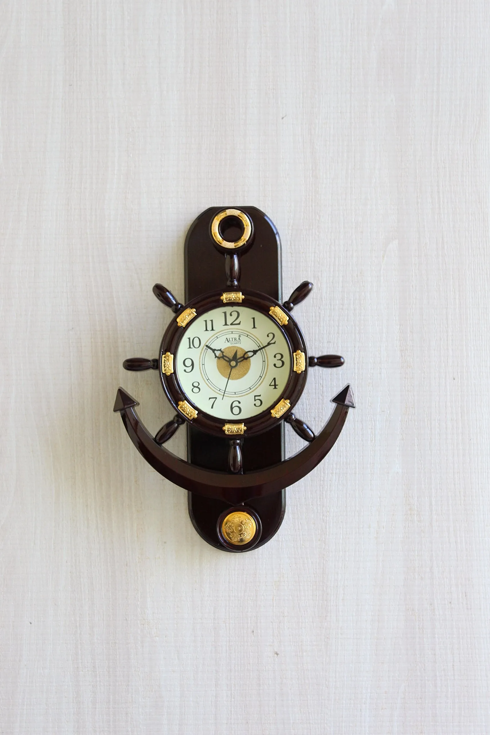 FunkyTradition Decorative Retro Anchor Ship Steering Shape Plastic Pendulum Wall Clock for Home Office Decor and Gifts 40 cm Tall