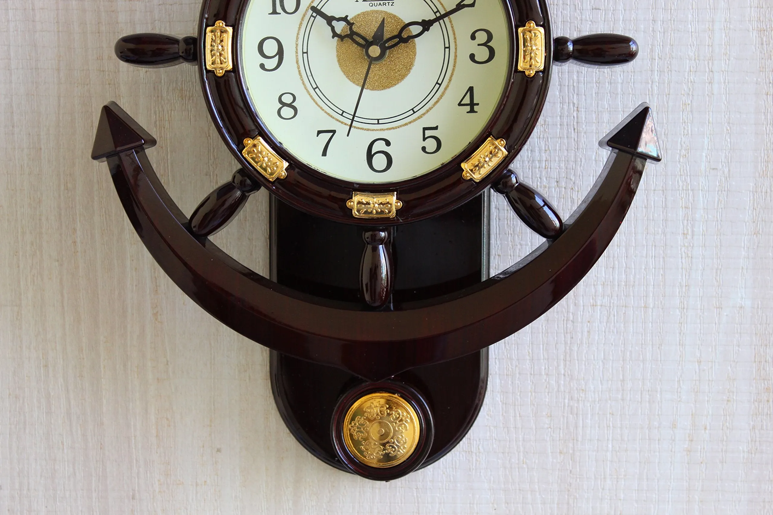 FunkyTradition Decorative Retro Anchor Ship Steering Shape Plastic Pendulum Wall Clock for Home Office Decor and Gifts 40 cm Tall