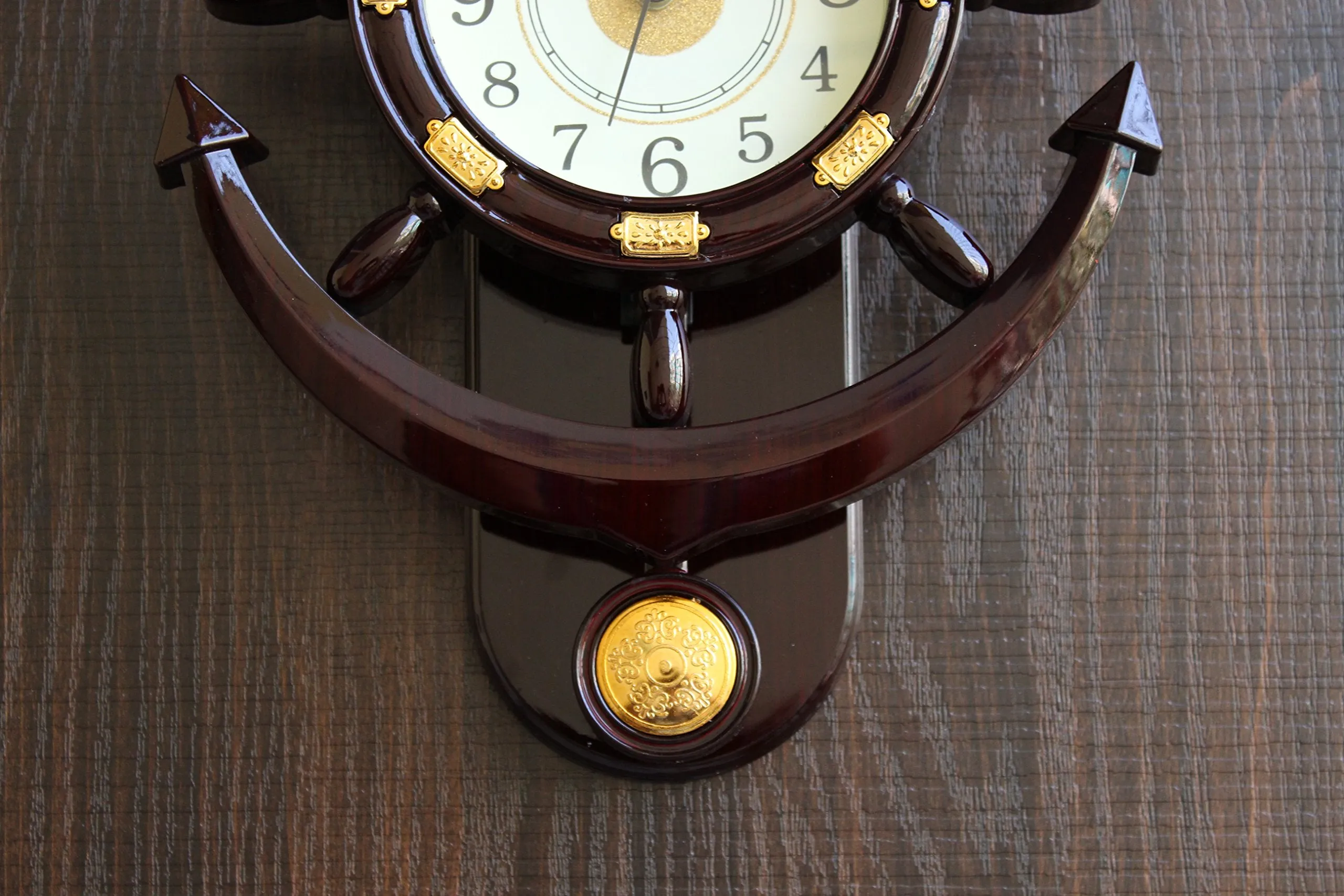 FunkyTradition Decorative Retro Anchor Ship Steering Shape Plastic Pendulum Wall Clock for Home Office Decor and Gifts 40 cm Tall
