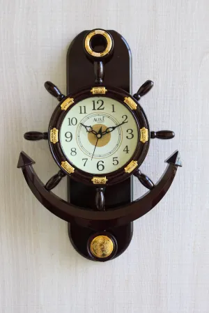 FunkyTradition Decorative Retro Anchor Ship Steering Shape Plastic Pendulum Wall Clock for Home Office Decor and Gifts 40 cm Tall