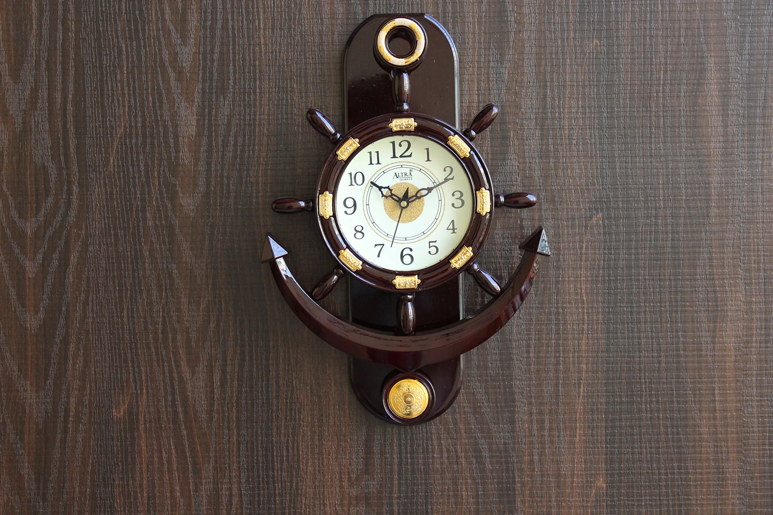 FunkyTradition Decorative Retro Anchor Ship Steering Shape Plastic Pendulum Wall Clock for Home Office Decor and Gifts 40 cm Tall