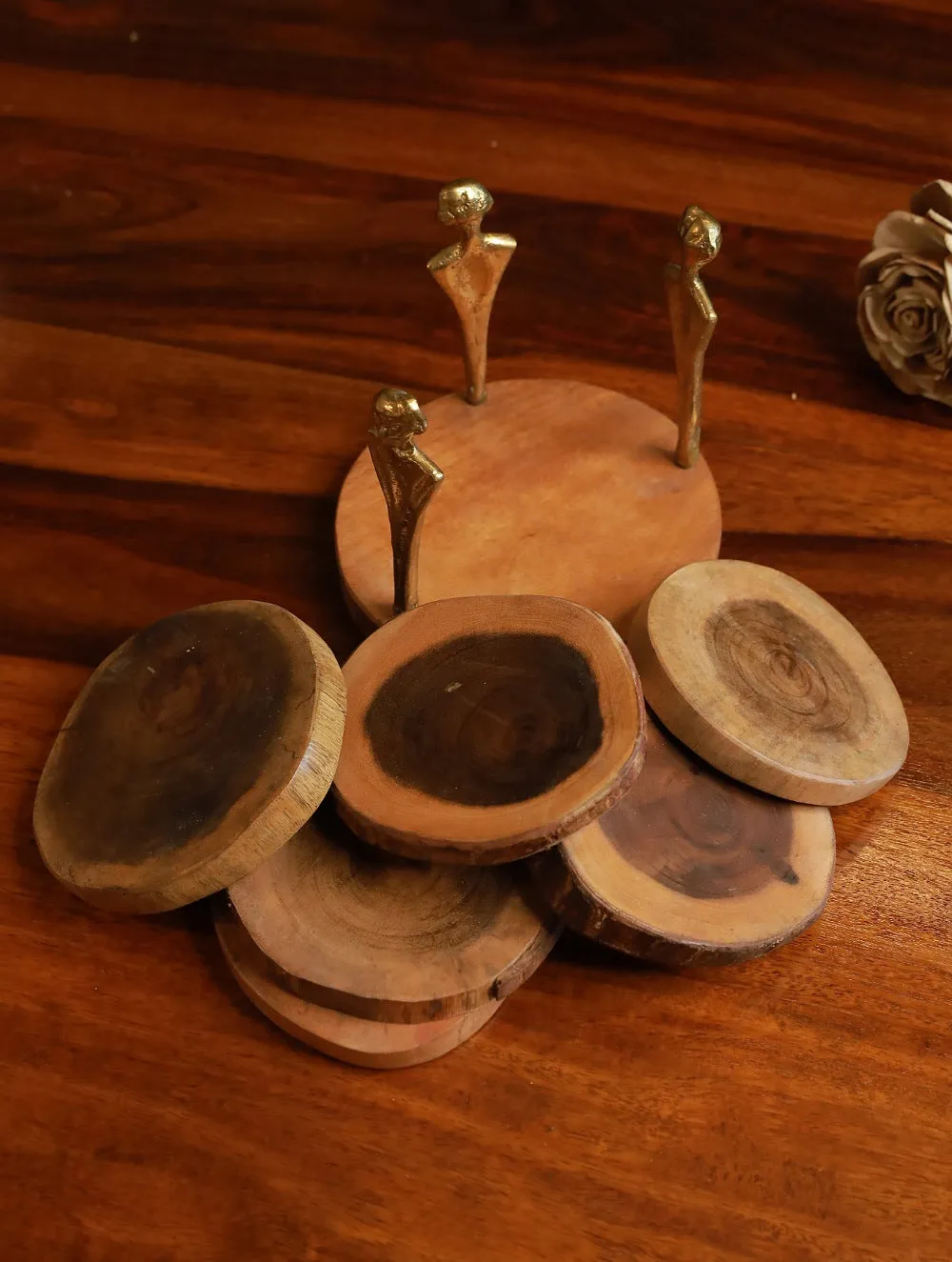 Handcrafted Wood & Dhokra Coaster Set (Set of 6)