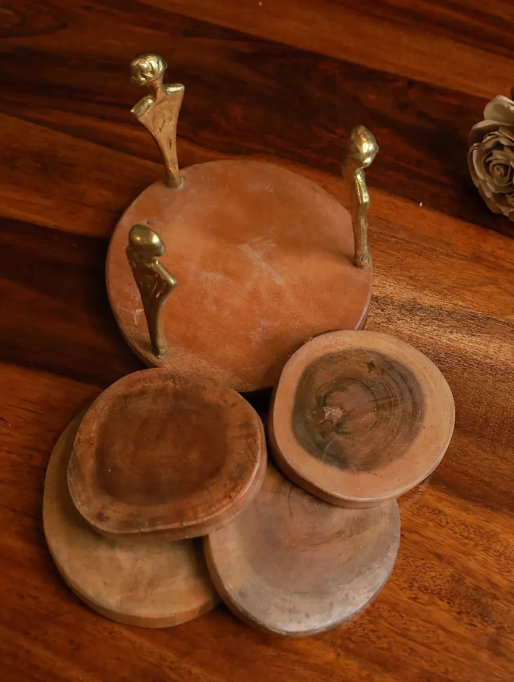 Handcrafted Wood & Dhokra Coaster Set (Set of 6)