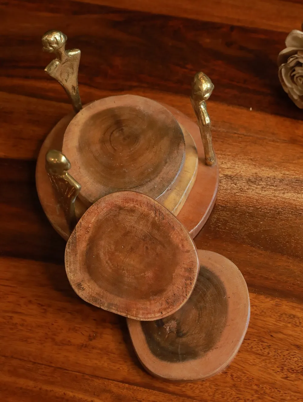 Handcrafted Wood & Dhokra Coaster Set (Set of 6)