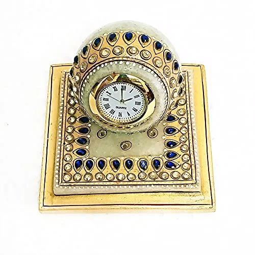 Handicraft Kingdom White Marble Table Clock with Ganesh Chowki | Ethnic Design Gold Painted Handmade Round Beautiful Meenakari Work Plate Watch| Approx Size (3.5 Inch) & Wt (600 Gm) Pack of 4