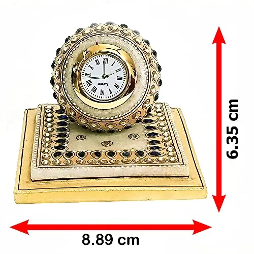 Handicraft Kingdom White Marble Table Clock with Ganesh Chowki | Ethnic Design Gold Painted Handmade Round Beautiful Meenakari Work Plate Watch| Approx Size (3.5 Inch) & Wt (600 Gm) Pack of 4