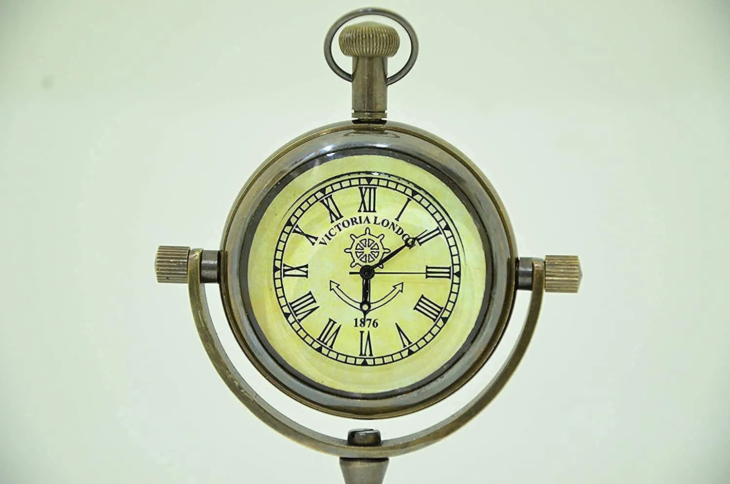 Handmade Brass Victoria London 1876 Desk and Shelf Clock Roman Dial Nautical Clock, Engraved Design for Gift