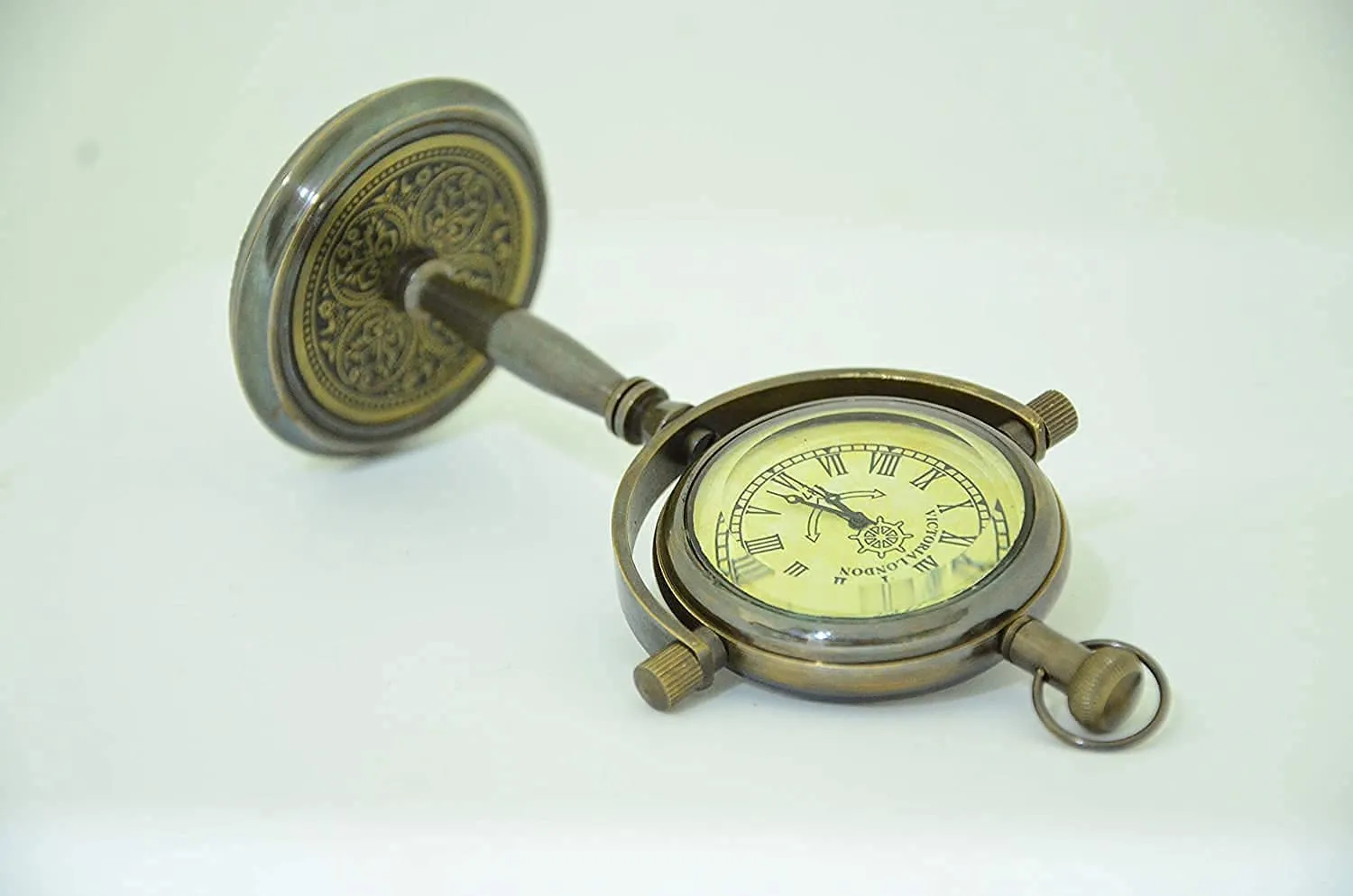Handmade Brass Victoria London 1876 Desk and Shelf Clock Roman Dial Nautical Clock, Engraved Design for Gift