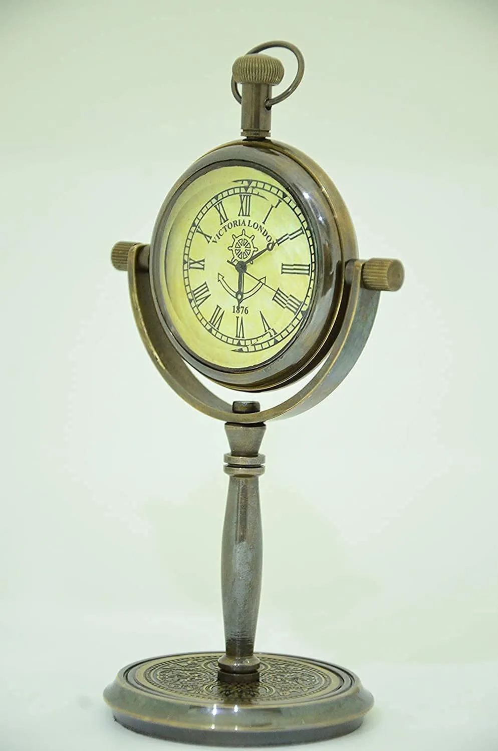 Handmade Brass Victoria London 1876 Desk and Shelf Clock Roman Dial Nautical Clock, Engraved Design for Gift